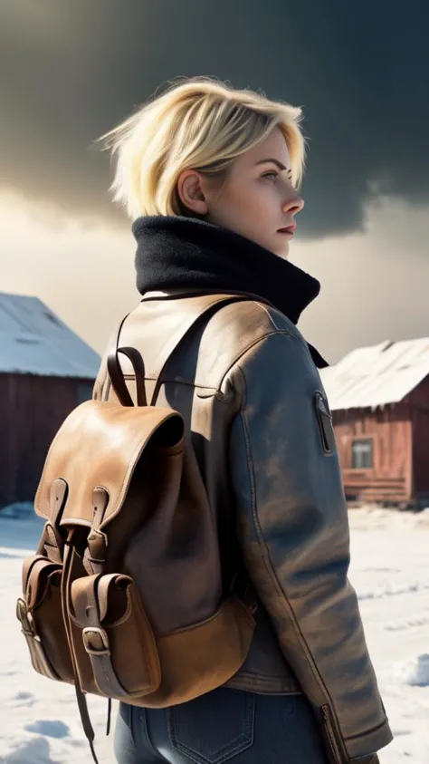 a woman in a leather jacket and scarf standing in the snow