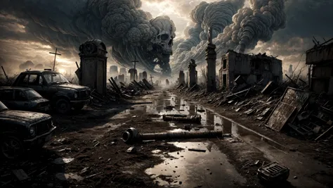 (apocalyptic desolated landscape), city destroyed in ruins, fire, war, houses burning,  panicked, extermination, grim reaper, skeletons, skulls, sadness, blood on the floor,  acid rain, smoke, end of the world, rats, dump, trash, cars in fire, buildings destroyed, fallout, antigas masks, many crosses, tombs, crosses, graveyards, cemetery, (very detailed), (medium shot):1.2, (standing):1.2, legs, mutants, nuclear explosion, bombs, radioactivity, radiation, sand, storm, wind, dirty puddle, mud, best quality, realistic, sharp focus,  grey sky, natural light, backlight, shadows, high contrast, hdr,  reflections, ugly,  