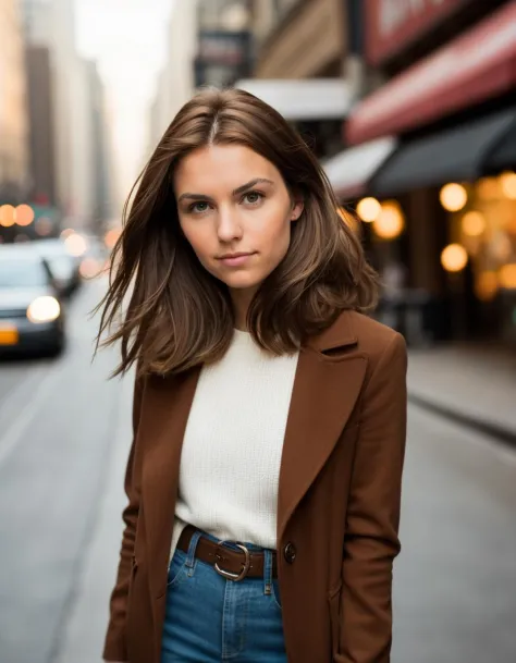 photo of a woman with light brown hair, posing for a photo, centered streets of big city <lora:depth_of_field_slider_v1:-2>