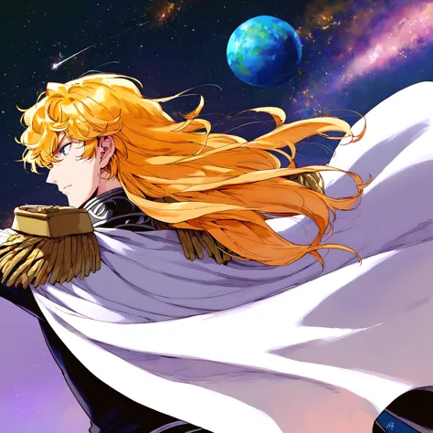 <lora:pony_xl_Reinhard:0.8>,Reinhard,score_9,score_8_up,male,1boy,long hair,male focus,star \(sky\),space,uniform,white cape,cape,epaulettes,arm_at_side,arms_up,full_shot,hyper_galaxy,military,military uniform,