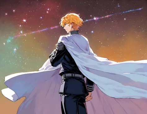 <lora:pony_xl_Reinhard:0.8>,Reinhard,score_9,score_8_up,male,1boy,short hair,male focus,star \(sky\),uniform,white cape,hyper_galaxy,military,military uniform,military clothing trousers,shaded_face,standing,stars,starry_background,black_background,cowboy_shot,from_side,no ground,