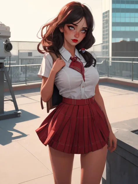 (Photo:1.3) of (Ultrarealistic:1.3) woman, school rooftop, catholic school uniform,Highly Detailed, RAW candid cinema, 16mm, color graded portra 400 film, remarkable color, ultra realistic, textured skin, remarkable detailed pupils, realistic dull skin noise, visible skin detail, skin fuzz, dry skin, shot with cinematic camera