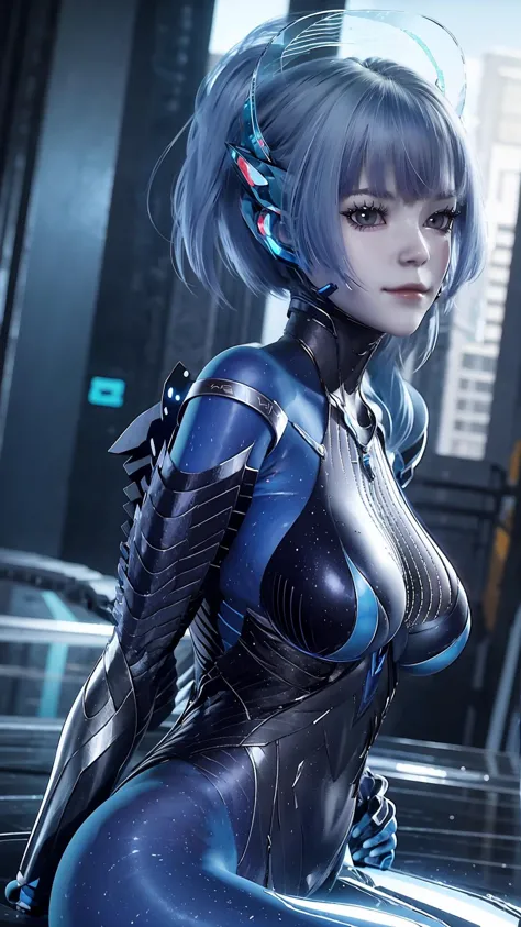 a close up of a woman in a futuristic suit sitting on a car