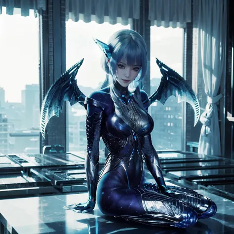 anime - style woman in a futuristic suit sitting on a table