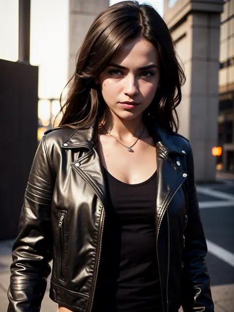 masterpiece,ultra high res, (photorealistic:1.4), raw photo, casual portrait of (23 year-old woman:1.3) , leather jacket, Compact body,((cyberpunk,scifi)),refined detailed