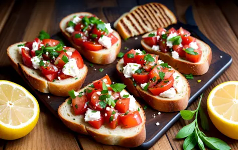 RAW photo, a portrait photo of
professional foodporn,
Bruschetta, at its simplest, is grilled bread rubbed with garlic and drizzled with olive oil, but it can also be prepared with a variety of toppings.
8k uhd, dslr, soft lighting, high quality, film grai...