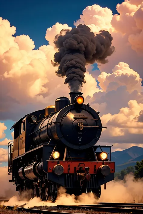 (warm clouds), locomotive, train, illustration, a lot of drama