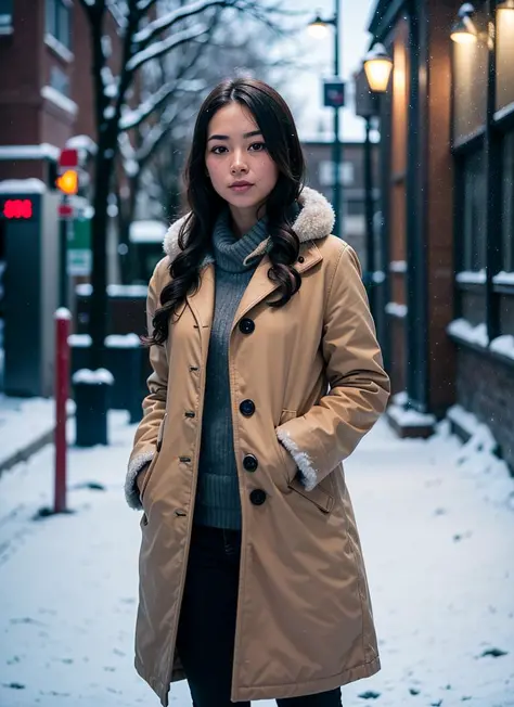 professional portrait photograph of a gorgeous Japanese girl in winter clothing with long wavy hair, ((sultry flirty look)), freckles, beautiful symmetrical face, cute natural makeup, ((standing outside in snowy city street)), stunning modern urban upscale...