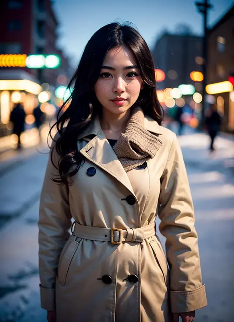 professional portrait photograph of a gorgeous Japanese girl in winter clothing with long wavy hair, ((sultry flirty look)), fre...