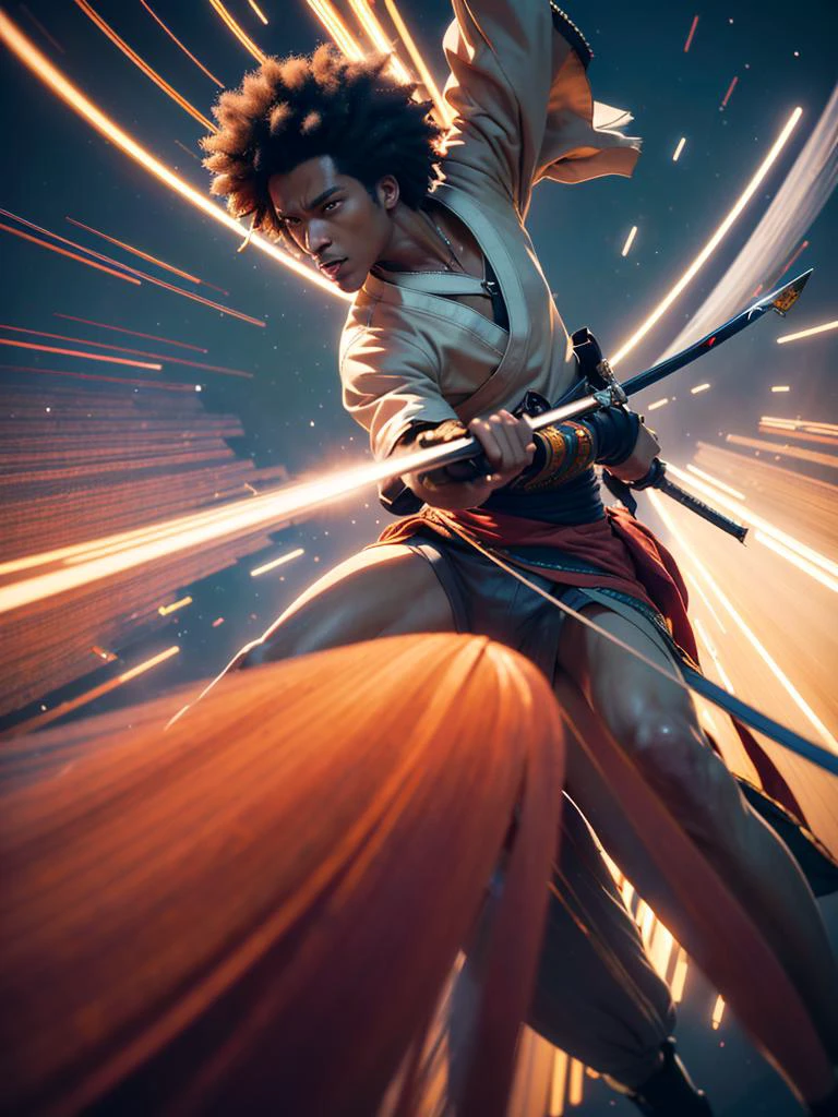 short hair very muscular shirt less karate uniform dressed black man  handling a katana sword in fighting pose and blooded slash wounds on body