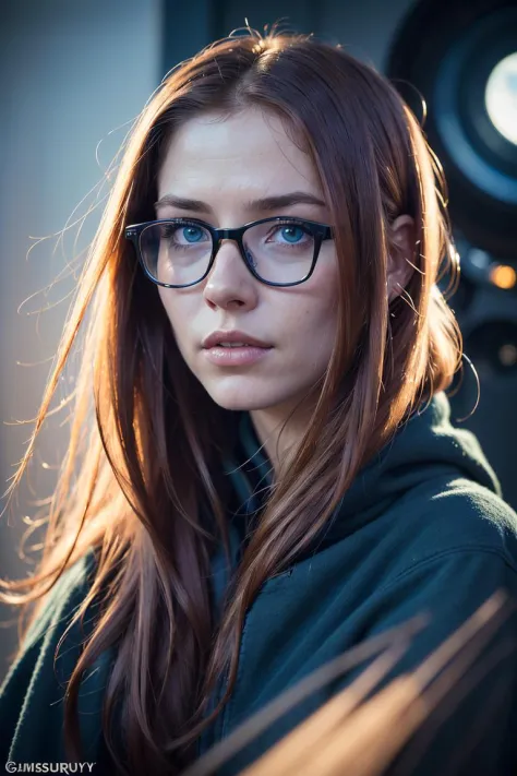 (best quality, masterpiece:1.3),
A highly detailed space scifi, cinematic,
medium shot,
(detailed facial features), 1girl, red hair, bright blue eyes,  glasses, 
realistic skin texture,
intricate detailed background,
dreamy,  drawing, trending on artstatio...