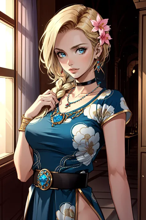 (masterpiece, best quality),  intricate details,
1girl <lora:dqbianca-nvwls-v1:0.8> dqBianca, single braid, earrings, choker, belt, 
 <lora:parvati-lyco-nochekaiser:0.6> indian clothes, jewelry, necklace, side slit,  flower, hair flower, hair ornament,