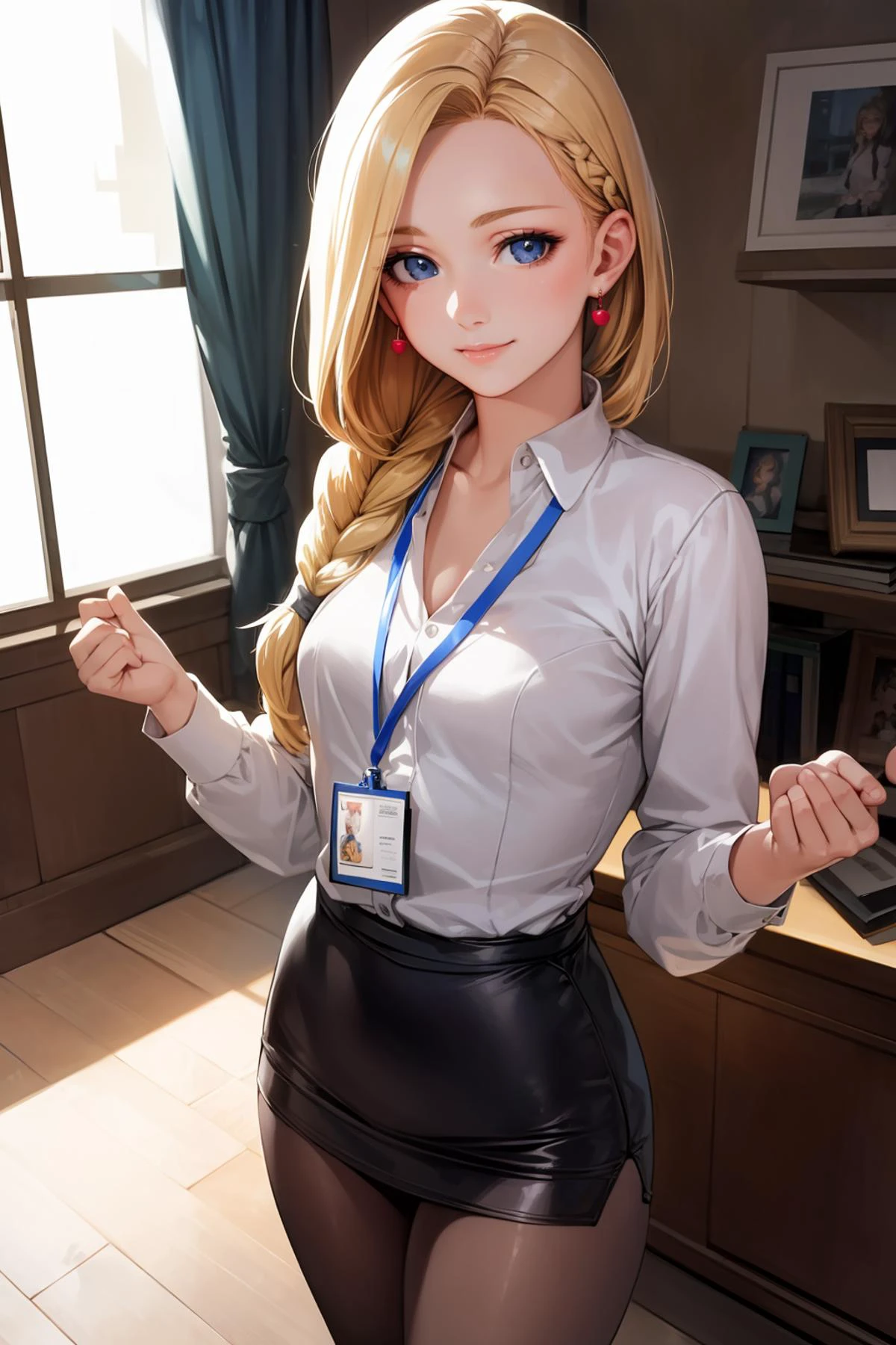 8k high quality detailed,highres,anime,comic,detailed image,
(an illustration of a teenage girl posing,(an illustration of girl,teenage girl)),(magazine_illustration),(magazine_sheet),
(, dqBianca,1girl,blonde_hair,(single braid),earrings,small|medium breasts),(Charming Smile),detailed_face,
((raised fist):0.8),
((, ruanyi0506,bra,pantyhose,miniskirt,office lady,id card,lanyard,black bra,black necktie):0.8),(,realistic clothing texture,realistic_skin_texture),