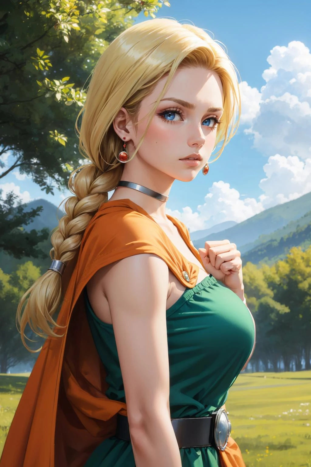 masterpiece, best quality, dqBianca, single braid, earrings, choker, orange cape, green dress, belt, looking at viewer, large breasts, upper body, from side, furrowed brow, fist, closed mouth 
