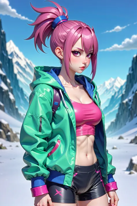 a woman in a pink top and green jacket posing in the snow