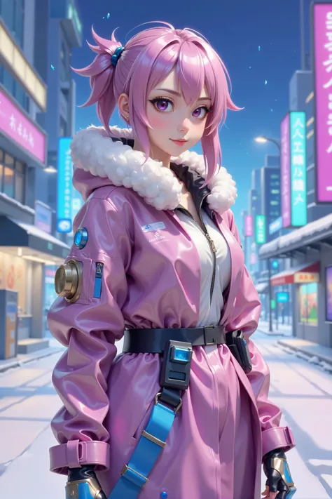 a woman in a pink coat and black gloves standing on a street