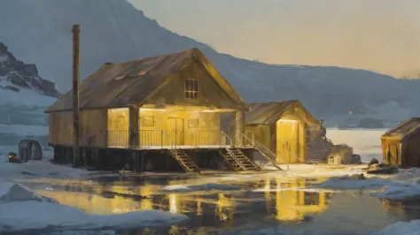 painting of a house on a snowy shore with a mountain in the background