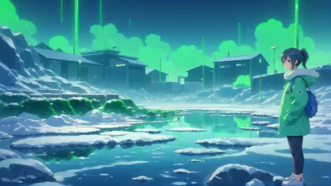 anime girl standing in front of a lake with green lights