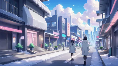 anime scene of two women walking down a snowy street