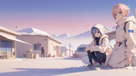 anime characters sitting on the ground in front of a building