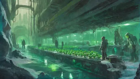 there are people standing in a large room with plants growing