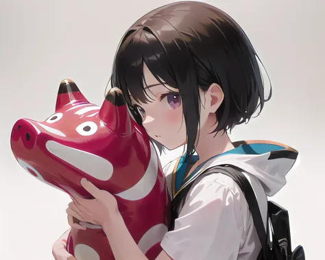 anime girl holding a red dog statue in her hands