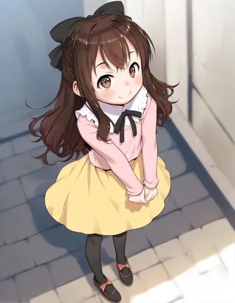 anime girl in a yellow dress standing in a hallway