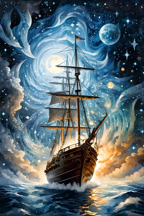(Digital Mosaic art:2),Mosaic Tile Art,Mosaic,
magic flying explorer approaching the pleiades aboard a magical sailboat in the s...