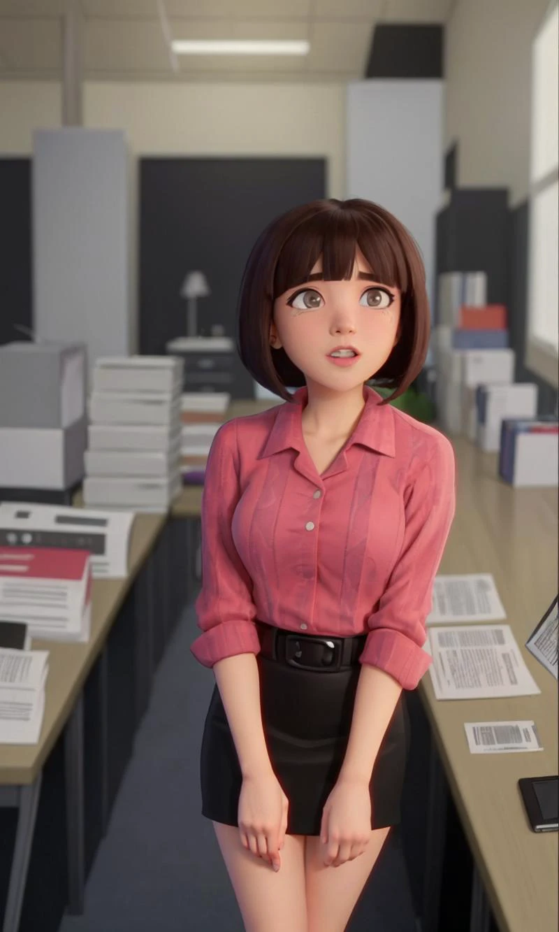 bettybrant2023, 1 girl working in office, best quality, masterpiece, newspaper, bob cut, 5 fingers, pixar style,