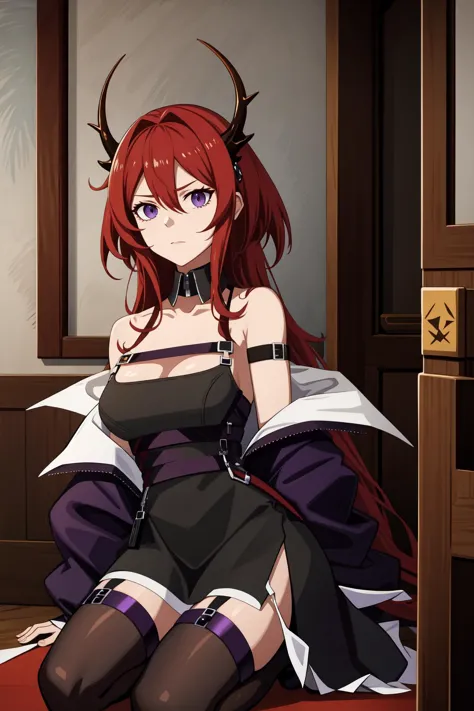 <lora:å²å°ç¹å°-000010:1>,surtr \\\(arknights\\\),surtr \(arknights\),horns,purple eyes,red hair,long hair,bare shoulders,bangs,dress,black dress,hair between eyes,chest strap,demon horns,off shoulder,thighhighs,black thighhighs,detached collar,indoors,kneeling,, 1girl,
,  (masterpiece,best quality:1.2),absurdres