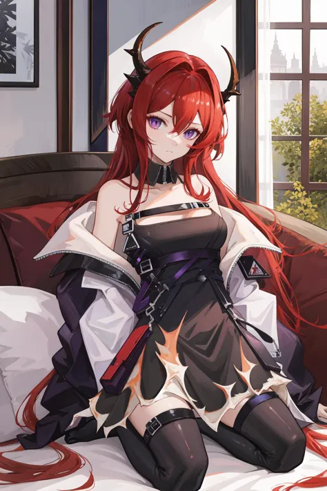 <lora:å²å°ç¹å°-000010:1>,surtr \\\(arknights\\\),surtr \(arknights\),horns,purple eyes,red hair,long hair,bare shoulders,bangs,dress,black dress,hair between eyes,chest strap,demon horns,off shoulder,thighhighs,black thighhighs,detached collar,indoors,kneeling,, 1girl,
,  (masterpiece,best quality:1.2),absurdres