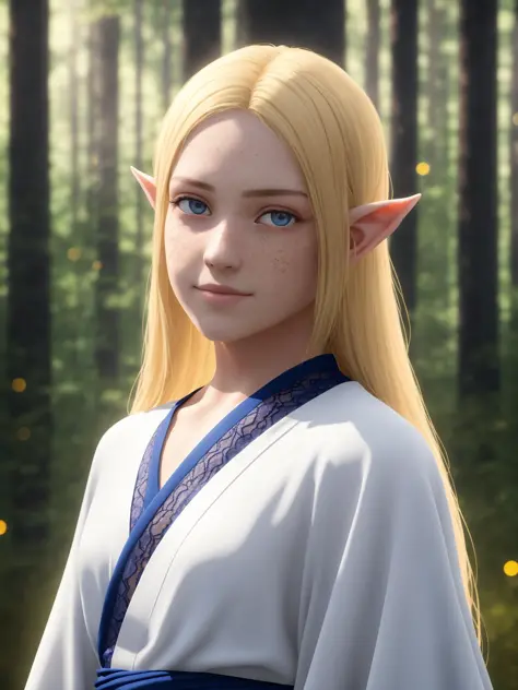 masterpiece, best quality, (realistic:1.3), highest quality, bust shot, cinematic lighting, highly detailed, sharp focus, extremely detailed, ultra realistic, depth of field, bokeh, Global Illumination, volumetric lighting, ray tracing, subsurface scattering, caustics, bloom, [reflections], [shadows],
teenage elf women wearing a shiny silk kimono at a mystical fountain in the woods, butterflies, white clouds, rainbow, very long blonde hair, blue eyes, silk, (lace:1.1), tranparent, smile, freckles