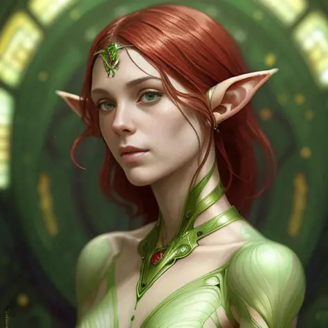 naked body portrait of female elf, nude::2, small breasts, red hair, green eyes, intricate, elegant, highly detailed, digital pa...