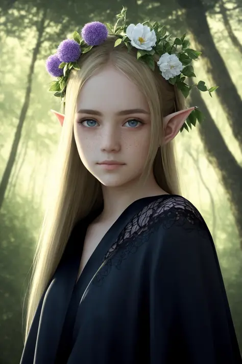 masterpiece, best quality, (realistic:1.3), highest quality, bust shot, cinematic lighting, highly detailed, sharp focus, extremely detailed, ultra realistic, depth of field, bokeh, Global Illumination, volumetric lighting, subsurface scattering, caustics, bloom, [reflections], [shadows],
teenage elf girl wearing a shiny black silk lace kimono, at a (mystical fountain:1.05) in the woods, white clouds, rainbow, very long blonde hair, blue eyes, silk, (lace:1.1), tranparent, freckles, fantasy landscape, gentle smile