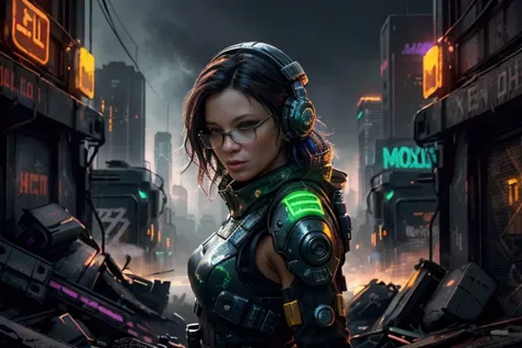 a woman in a futuristic city with a sci - fio helmet and headphones