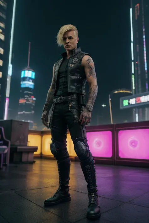 cyberpunk, man,  tattoos:1.4, fashion, weapon, character adorned with cybernetic enhancements, muscles,  leather vest, boots, science fiction, vivid, sharp, neon,short blonde hair,side view shot,(highly detailed masterpiece Realistic extremely hyper aesthetic trending on artstation),Vibrant fantasy detailed epic heroic Ethereal Lighting, top of sky scraper, Phase One XF IQ4 150MP,A lack of clear and concise safety procedures in place for different tasks  <lora:cyberpunk_v4-000003:.5>