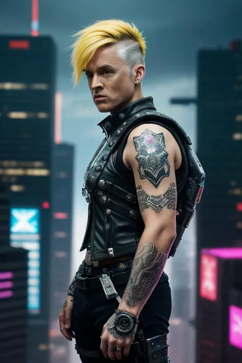 a man with yellow hair and tattoos standing in front of a city