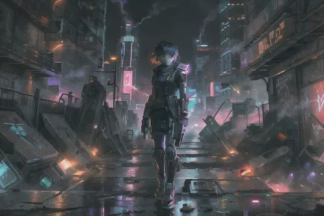 a woman walking down a street in a futuristic city at night