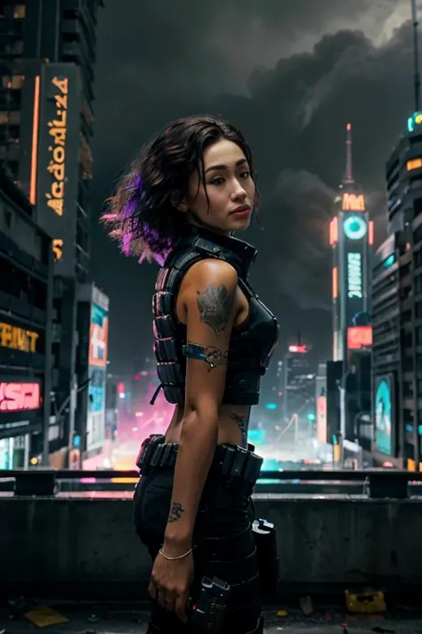 a woman in a futuristic city with neon lights and a gun