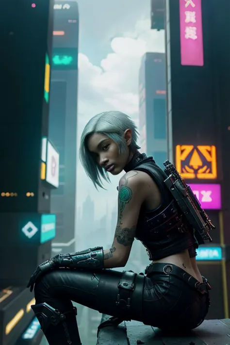 cyberpunk, woman,  tattoos:1.4, fashion, character adorned with cybernetic enhancements, weapon, ((skinny)), frail,  leather vest, boots, science fiction, vivid, sharp,  sitting, neon, white short  hair, side view shot,(highly detailed masterpiece Realistic extremely hyper aesthetic trending on artstation),Legend of Zelda style Vibrant fantasy detailed epic heroic reminiscent of The Legend of Zelda series,Ethereal Lighting, top of building, sky scrapers, Phase One XF IQ4 150MP,A lack of clear and concise safety procedures in place for different tasks <lora:seated_fashion_v2:.3><lora:cyberpunk_v4-000003:.5>