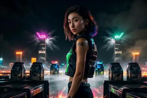 a woman in a black top standing in front of a city at night