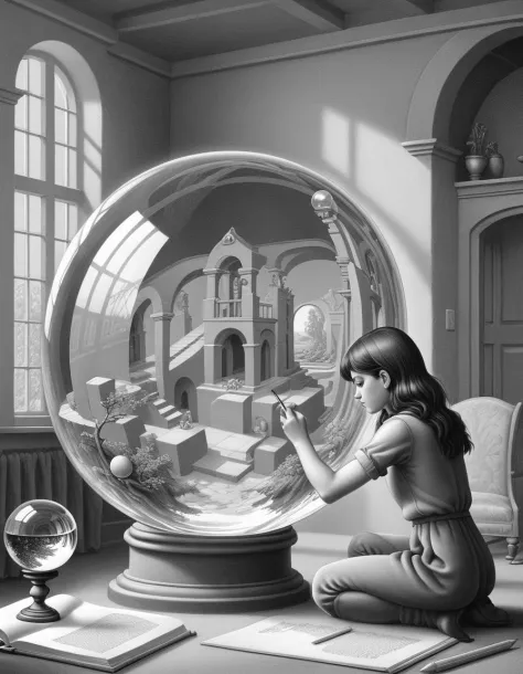 Fantasy image, a glass sphere in a room reflects a girl in that room while she is drawing the glass sphere,  monochrome