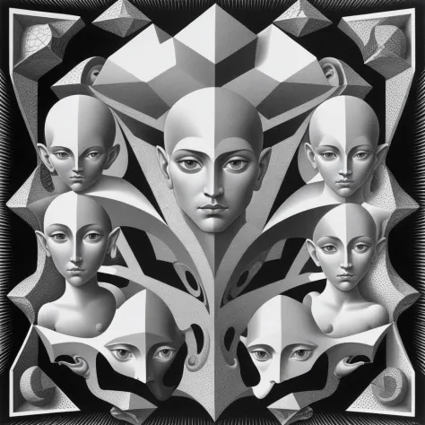 <lora:Graphic:1> Fantasy image with geometric forms and faces, monochrome