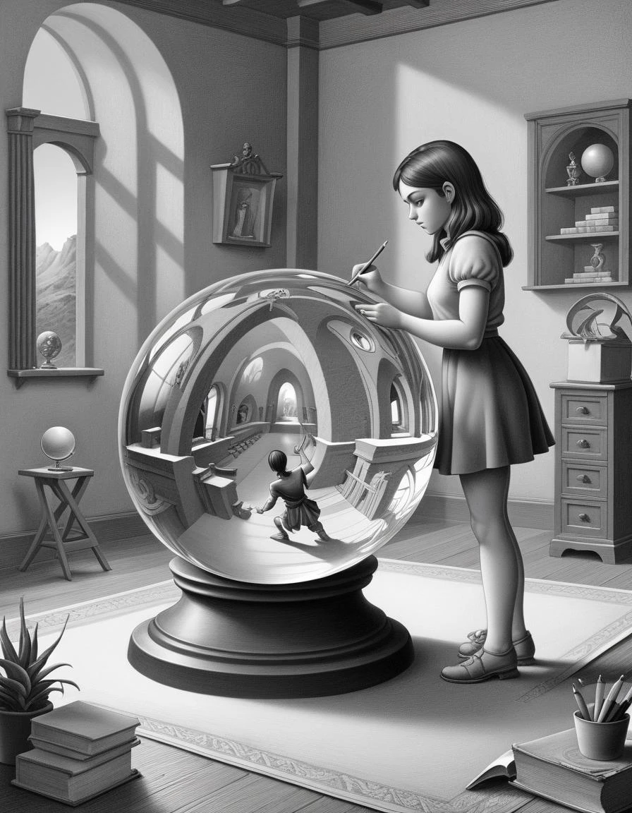 صورة خيالية, كرة زجاجية في غرفة تعكس فتاة في تلك الغرفة وهي ترسم الكرة الزجاجية,  أحادية اللون