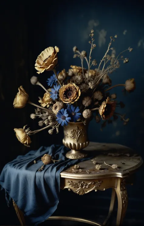 analog film photo. hip-hop theme, urban, dynamic portrait of a bouquet of decaying and rotting dead flowers on a gold ornamented side table, honey gold and olympian blue, nightime. Hard light, hard shadows, faded film, desaturated, 35mm photo, grainy, vign...