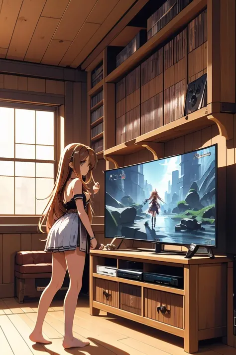 (masterpiece, best quality), 1girl,Chestnut Sleek Side Part, small breasts,  <lora:girllikevideogame:1> playing videogame, RPG game interface on TV, manga bookcase, playstation, wooden floor, CD, dolls, sofa, table, poster, window