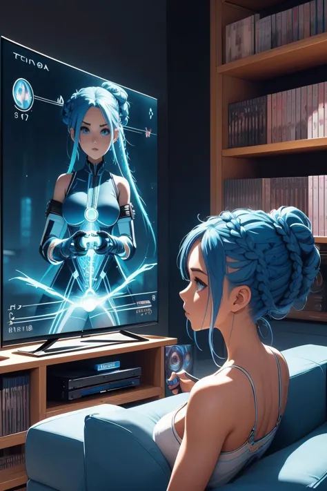 (masterpiece, best quality), 1girl,Electric blue Braided Chignon with Hair Stick, tiny breasts,  <lora:girllikevideogame:1> playing videogame, RPG game interface on TV, manga bookcase, playstation, wooden floor, CD, dolls, sofa, table, poster, window