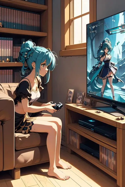 (masterpiece, best quality), 1girl,Teal Twisted Half-Updo with Leaf Accessories, Size B breasts,  <lora:girllikevideogame:1> playing videogame, RPG game interface on TV, manga bookcase, playstation, wooden floor, CD, dolls, sofa, table, poster, window