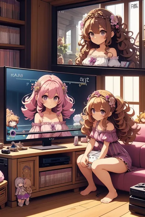 (masterpiece, best quality), 1girl,Plum Curly Afro with Flower Crown, Sizes I to L breasts,  <lora:girllikevideogame:1> playing ...