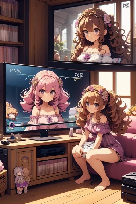 (masterpiece, best quality), 1girl,Plum Curly Afro with Flower Crown, Sizes I to L breasts,  <lora:girllikevideogame:1> playing videogame, RPG game interface on TV, manga bookcase, playstation, wooden floor, CD, dolls, sofa, table, poster, window